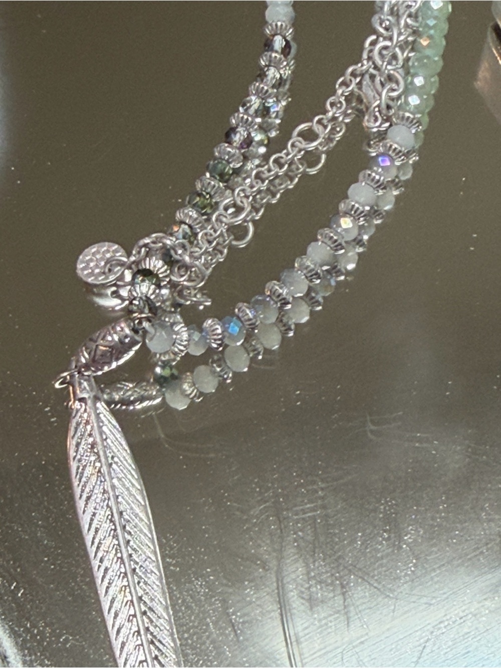 New Marlyn Schiff Long Silver Feather Pendant Multi-Strand Necklace. Beaded